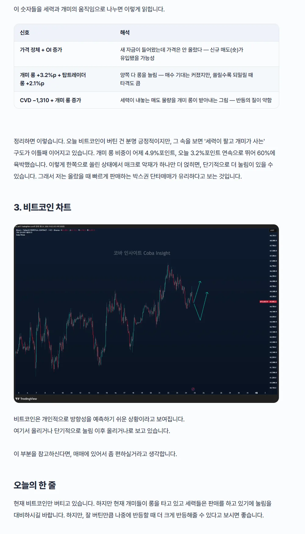 실제 발행된 마켓 인사이트 · 세력·개미 해석과 차트